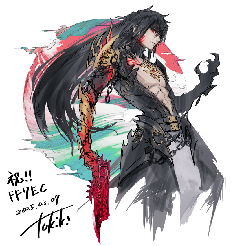 1boy absurdres artist_name black_hair black_headband chain clawed_gauntlets cowboy_shot dated facial_mark final_fantasy final_fantasy_vii final_fantasy_vii_ever_crisis gun headband highres holding holding_gun holding_weapon long_hair male_focus official_alternate_costume pectorals plunging_neckline red_eyes shoulder_spikes solo spikes tokiki_(tomok1) vincent_valentine vincent_valentine_(coat_of_the_worthy) weapon white_background