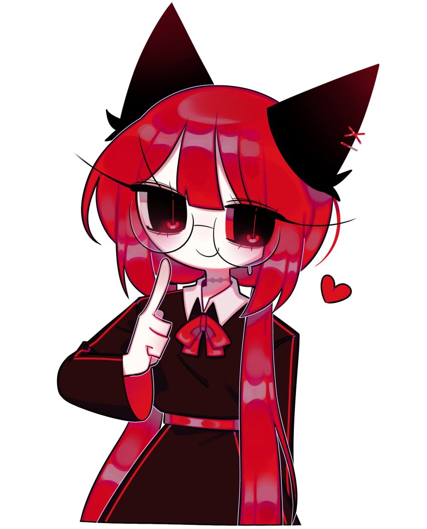 1018sus 1girl aegyo_sal animal_ears arm_at_side black-framed_eyewear black_dress black_eyes bow bowtie bright_pupils cat_ears closed_mouth collared_dress commentary_request contrast_collar dress eyelashes fake_animal_ears fewer_digits glasses hair_between_eyes hand_up heart highres index_finger_raised korean_commentary long_hair low_twintails original pale_skin red_bow red_bowtie red_hair red_pupils round_eyewear semi-rimless_eyewear simple_background single_vertical_stripe slit_pupils smile solo strangulation_mark teardrop-framed_glasses twintails two-sided_sleeves upper_body very_long_hair white_background