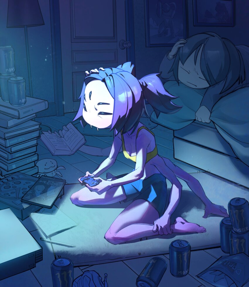1girl 1other absurdres arthropod_girl bed black_hair bra breasts can cleavage closed_eyes colored_skin controller dark devil_may_cry devil_may_cry_(series) devil_may_cry_3 dualshock extra_arms extra_eyes fangs frisk_(undertale) game_console game_controller gamepad hand_on_own_head highres holding holding_controller indoors insect_girl lamp long_sleeves monster_girl muffet picture_frame playing_games playstation_2 playstation_controller purple_skin shorts spider_girl twintails two_side_up undertale underwear yellow_bra zeker_art