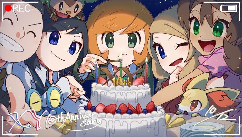 2girls 3boys :d ^_^ anniversary black_hair blonde_hair blue_eyes blueberry brown_hair cake calem_(pokemon) candle chespin closed_eyes dark-skinned_female dark_skin fennekin food froakie fruit gen_6_pokemon green_eyes grin highres long_hair long_sleeves matches multiple_boys multiple_girls nintendo omochi_(omotimotittona3) on_head one_eye_closed open_mouth orange_hair party_popper plate pokemon pokemon_(creature) pokemon_on_head pokemon_xy puffy_short_sleeves puffy_sleeves recording round_teeth serena_(pokemon) shauna_(pokemon) short_hair short_sleeves smile strawberry teeth tierno_(pokemon) trevor_(pokemon) upper_teeth_only