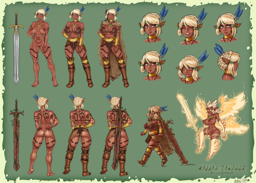 1girl abs absurdres arm_tattoo artist_name ass warrior_of_light_(ff14) back back_tattoo bbc-chan blonde_hair blue_eyes breasts character_name reference_sheet closed_eyes commentary dark-skinned_female dark_skin elezen elf english_commentary feather_hair_ornament feathers fillia_einhart_(eirgallant) final_fantasy final_fantasy_xiv full_body glowing green_background hair_between_eyes hair_bun hair_ornament hand_on_own_hip highres huge_breasts jewelry leg_tattoo looking_at_viewer multiple_views multiple_wings muscular muscular_female navel necklace nipples open_mouth pointy_ears pussy scar scar_on_face second-party_source standing sword tattoo teeth tongue watermark weapon weapon_on_back wings