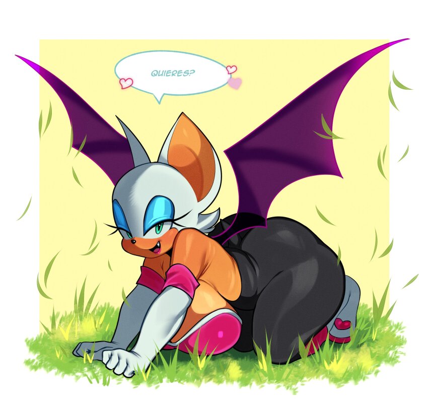 1girl :d all_fours animal_ears aqua_eyes ass bat_wings blue_eyeshadow breasts eyelashes eyeshadow fang fiinel furry furry_female giant gloves grass green_eyes heart highres huge_ass huge_breasts large_breasts lipon looking_at_viewer makeup naughty_face on_ground open_mouth quieres?_(meme) rouge_the_bat seductive_smile simple_background smile solo sonic_(series) spanish_text spread_wings wings