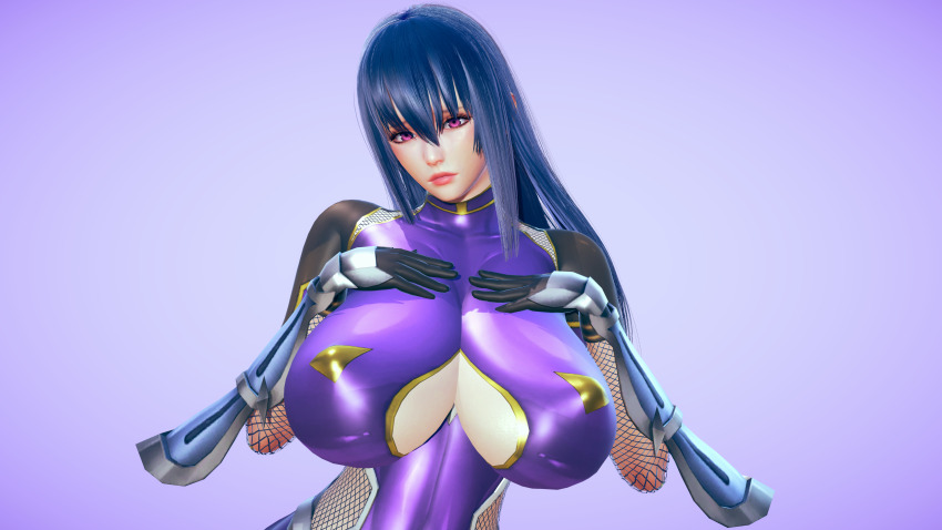 1girl 3d absurdres akiyama_rinko bodysuit bracer breasts cleavage_cutout clothing_cutout covered_erect_nipples eyeshadow frown gauntlets gloves highres huge_breasts lipstick long_hair looking_at_viewer makeup mascara nipples non-web_source noone pale_skin pixiv pixiv_id_16598362 pout purple_eyes red_lips solo taimanin_(series) upper_body