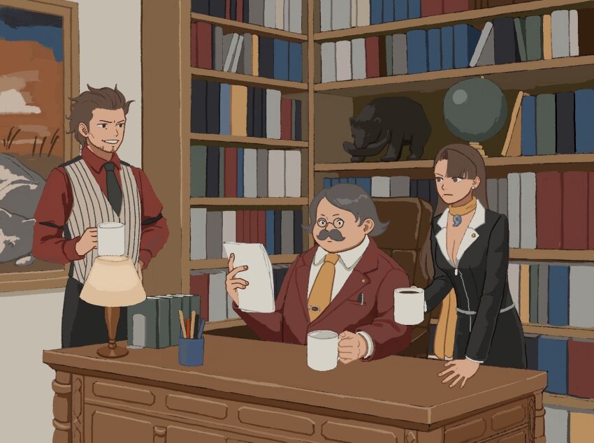 1girl 23011620x 2boys ace_attorney asymmetrical_bangs beard black_jacket book bookshelf brown_hair chair collared_shirt cup desk_lamp diego_armando earrings facial_hair formal_clothes glasses highres holding holding_cup holding_paper indoors jacket jewelry lamp long_hair long_sleeves magatama marvin_grossberg mia_fey mole mole_under_mouth mug multiple_boys necktie on_chair painting_(object) pants paper phoenix_wright:_ace_attorney_-_trials_and_tribulations picture_frame scarf shirt short_hair sitting skirt skirt_suit smile standing statue suit table white_shirt yellow_necktie yellow_scarf