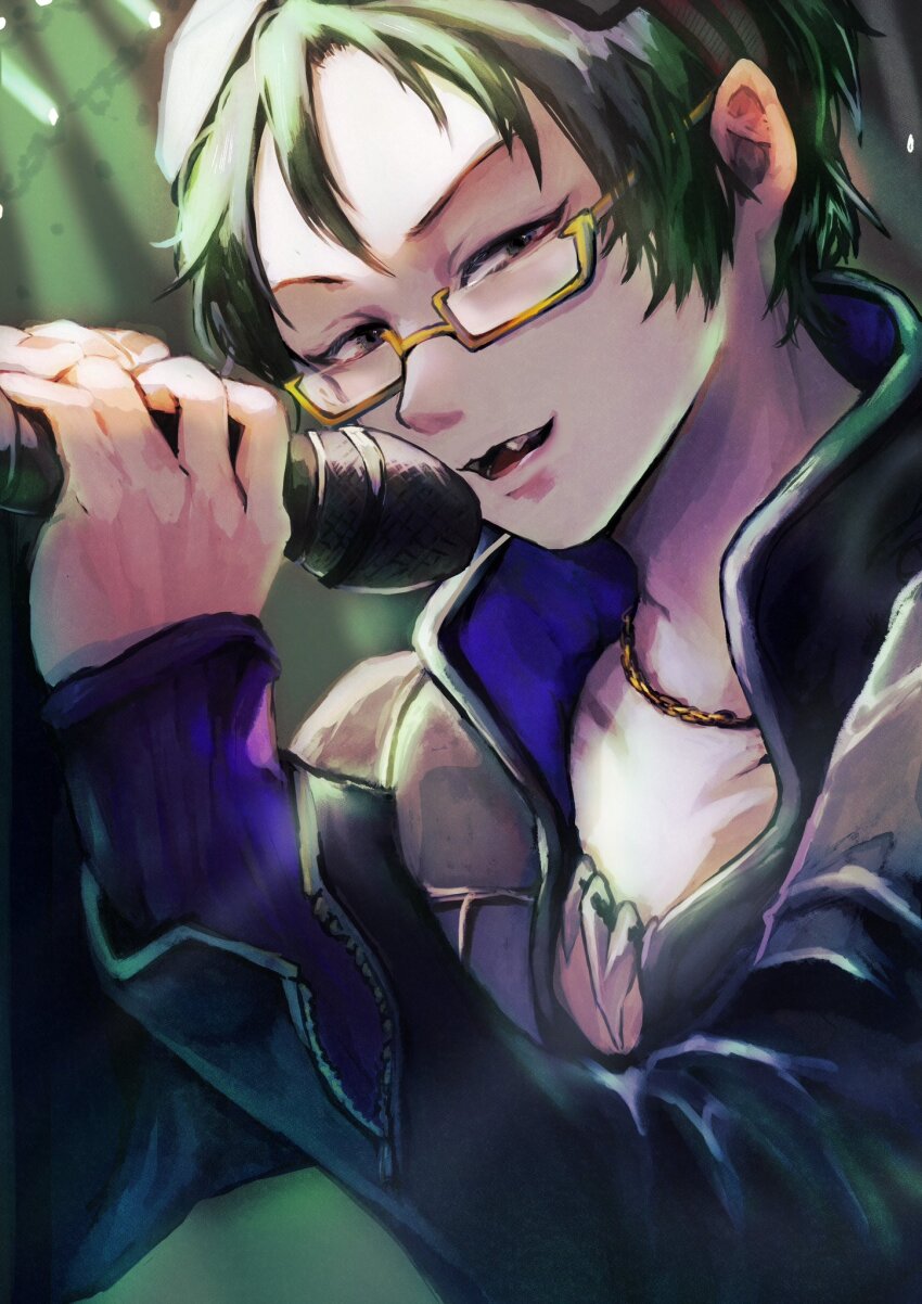 1boy glasses gnosia goggles green_hair highres holding holding_microphone jacket jewelry koyuuuuuuuuuuu long_sleeves looking_at_viewer male_focus microphone necklace sha-ming shirt short_hair smile solo upper_body