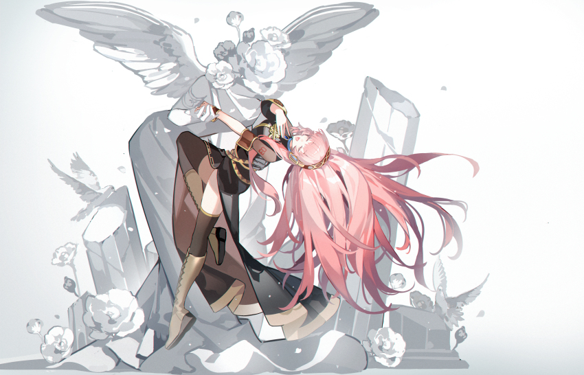 1girl absurdres angel_statue birthday boots broken_statue closed_eyes commentary detached_sleeves english_commentary flower full_body headphones headset highres kazenemuri knee_boots knee_up long_hair long_skirt megurine_luka music open_mouth pink_hair side_slit singing single_detached_sleeve skirt solo statue thighhighs very_long_hair vocaloid white_flower