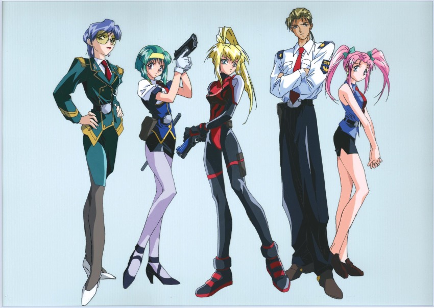 1990s_(style) 1boy 4girls battle_suit blonde_hair blue_hair burn-up burn-up_excess burn-up_w green_hair highres jinguu_maya kawasaki_maki kinezono_rio lilica_evett long_legs miniskirt multiple_girls pantyhose pink_hair police police_uniform retro_artstyle side_slit skirt thighs