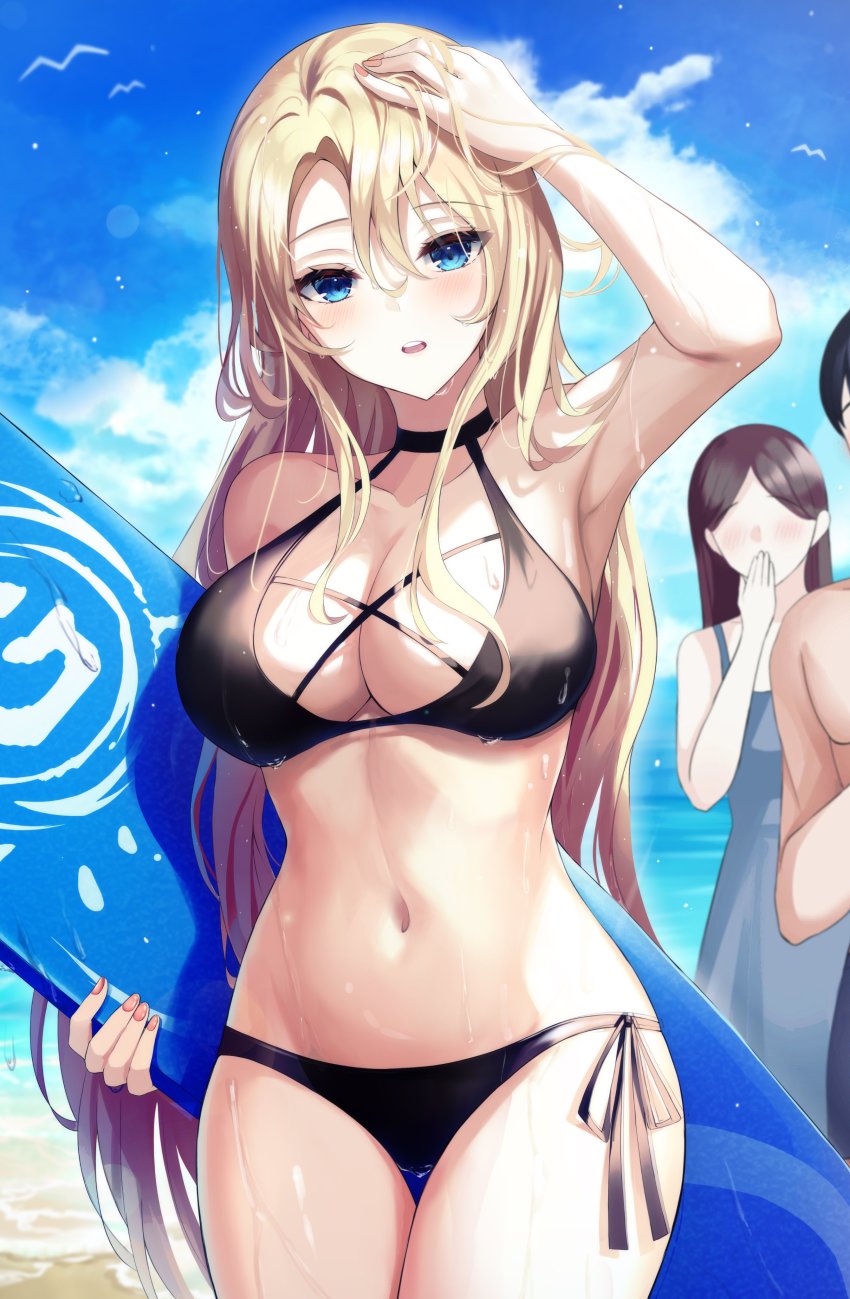 1boy 2girls absurdres arm_up armpits bare_arms bare_shoulders bikini black_bikini blonde_hair blue_eyes breasts cleavage cowboy_shot elsword gongha halterneck highres large_breasts long_hair looking_at_viewer multiple_girls navel parted_lips prime_operator_(elsword) rose_(elsword) side-tie_bikini_bottom solo_focus standing stomach surfboard swimsuit thigh_gap thighs very_long_hair wet