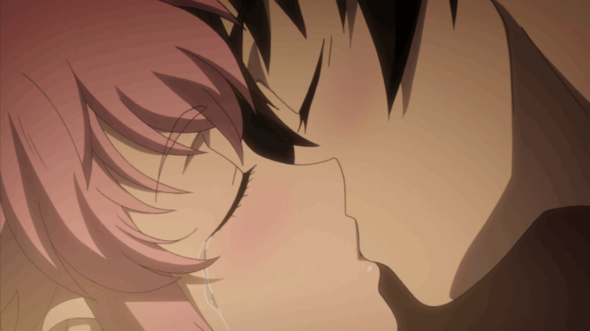 1boy 1girl amano_yukiteru animated animated_gif anime_screenshot bed bed_sheet black_hair blush breasts closed_eyes crying gasai_yuno holding_hands imminent_penetration implied_penetration implied_sex kiss long_hair mirai_nikki moaning nipples nude open_mouth pink_hair pov short_hair