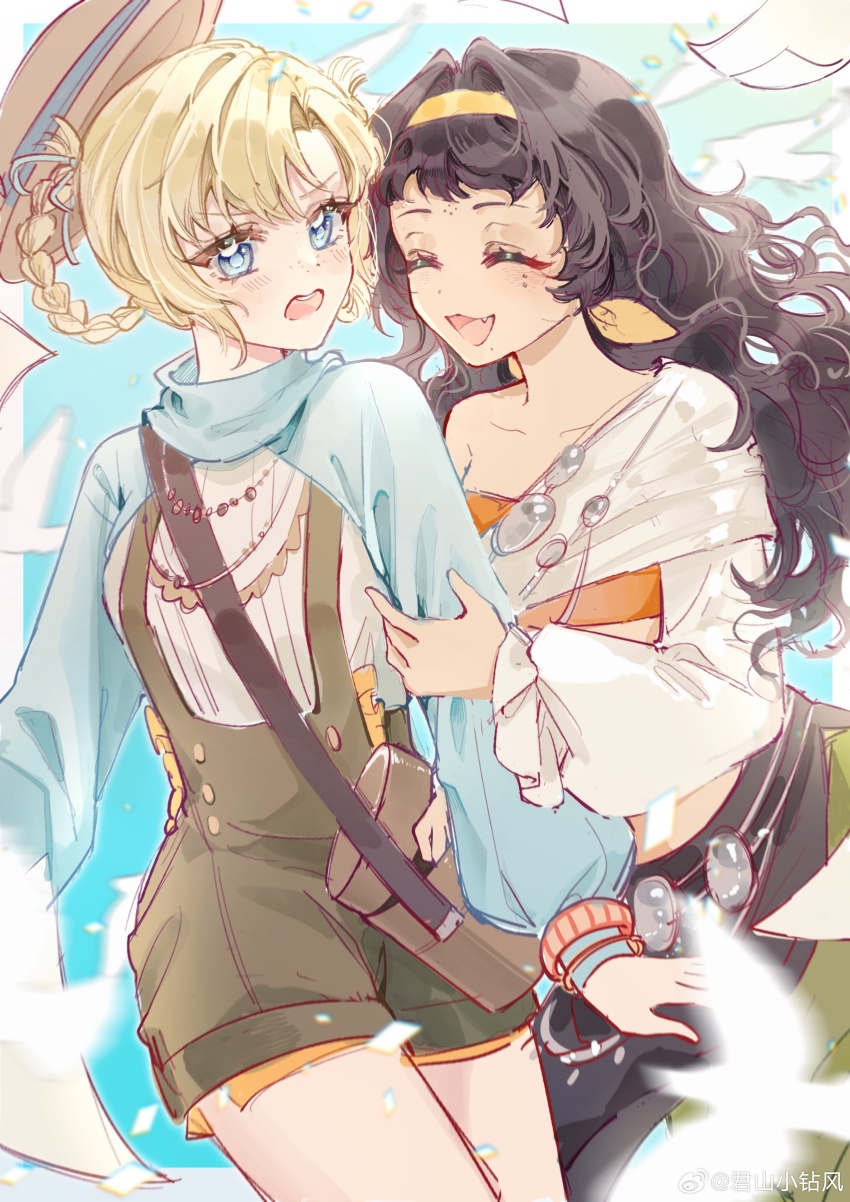 2girls absurdres arm_hug bag behind_another bird black_hair blonde_hair blue_background blue_eyes blue_sleeves blush boater_hat braid braided_hair_rings brown_bag brown_headwear brown_shorts chuanhe_duanduanzi closed_eyes cowboy_shot fang green_skirt hair_rings hairband highres kanjira long_hair long_sleeves looking_at_viewer matilda_bouanich matilda_bouanich_(the_genius&#039;s_holiday) multiple_girls overall_shorts overalls puffy_long_sleeves puffy_sleeves rectangular_mouth reverse:1999 shirt shorts shoulder_bag shrug_(clothing) skirt smile twin_braids v-shaped_eyebrows watermark weibo_watermark white_shirt yellow_hairband