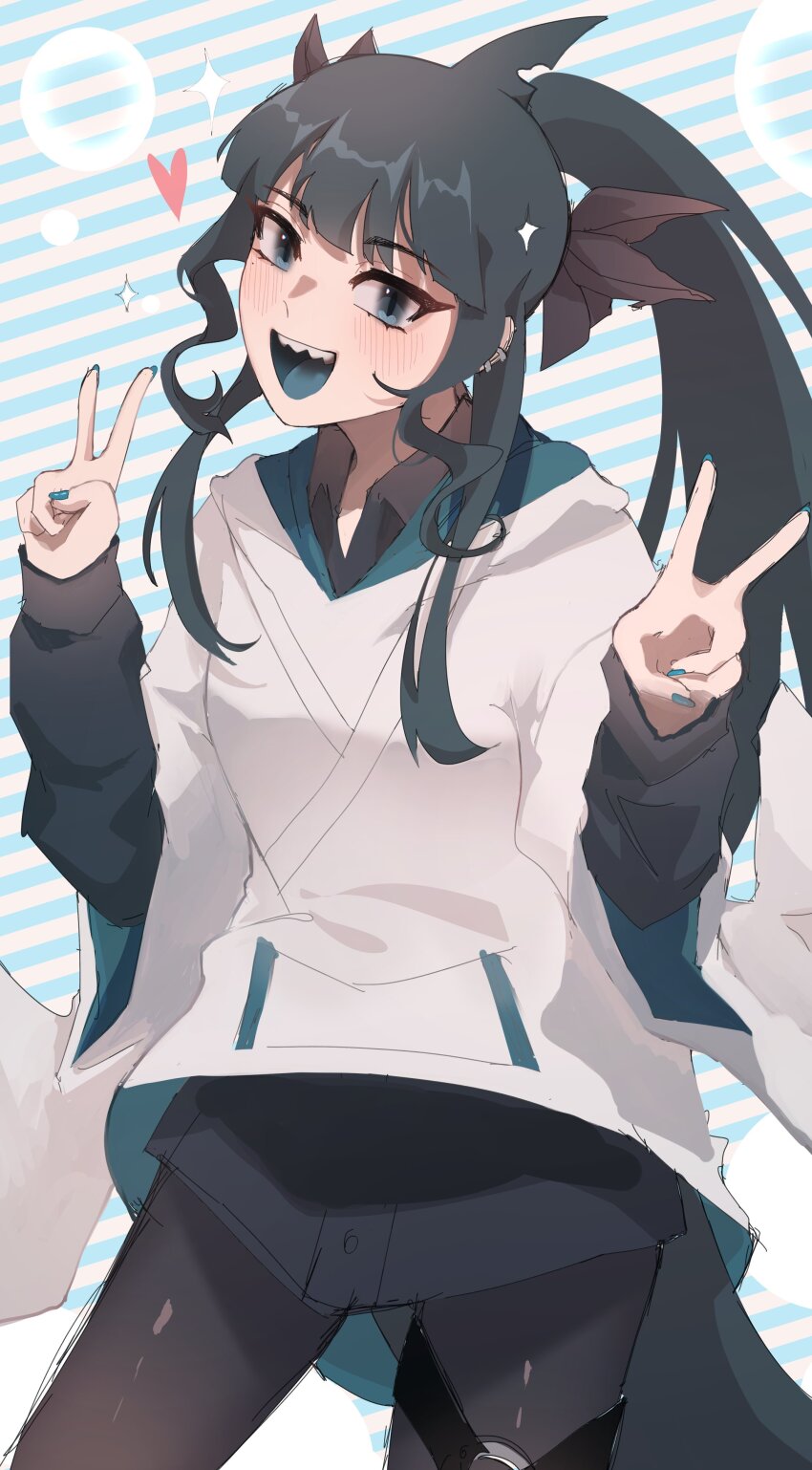 113rii 1girl absurdres artemis_of_the_blue atelier_live black_shirt blue_eyes blue_nails blue_tongue collared_shirt colored_tongue commentary double_v ear_piercing english_commentary fins fish_tail hair_ribbon heart highres hood hood_down hoodie mole mole_under_eye open_mouth piercing ponytail ribbon shark_fin shark_girl shark_tail sharp_teeth shirt solo striped_background tail teeth v virtual_youtuber wavy_sidelocks white_hoodie wide_sleeves