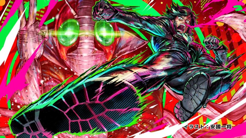 2boys antennae belt biker_clothes bikesuit black_gloves bodysuit boots compound_eyes finishing_move flying_kick gloves green_eyes kamen_rider kamen_rider_v3 kamen_rider_v3_(series) kicking long_sleeves mask multiple_boys official_art open_mouth rider_kick scarf shimamura_ichiyo tokusatsu toujima_tanzaburou_wa_kamen_rider_ni_naritai white_gloves white_scarf yasukuni_kazumasa