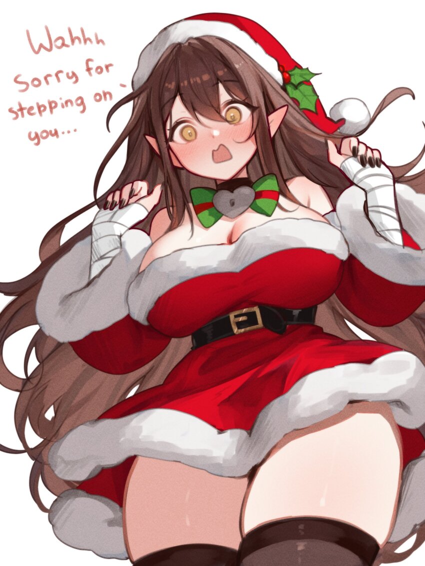 1girl absurdres bandaged_arm bandages belt_around_waist black_nails blush breasts brown_eyes brown_hair choker christmas dress embarrassed english_text hat heart heart_choker highres indie_virtual_youtuber large_breasts looking_at_viewer looking_down messy_hair pointy_ears santa_costume santa_dress santa_hat simple_background sky_above_me sky_above_me_(vtuber) solo thighhighs thighs virtual_youtuber white_background