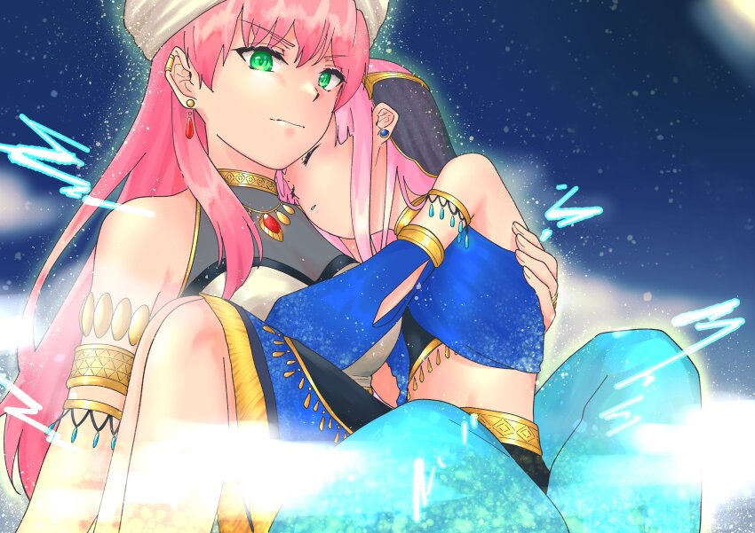 2girls absurdres aikawa_megumi arabian_clothes breasts carrying closed_eyes green_eyes hat heaven_burns_red highres kunimi_tama long_hair long_sleeves mgr03 multiple_girls pink_hair princess_carry yuri