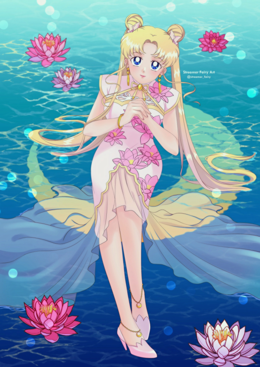 1girl artist_name bishoujo_senshi_sailor_moon blonde_hair blue_eyes bracelet china_dress chinese_clothes commentary crescent crescent_earrings double_bun dress earrings english_commentary floral_print flower full_body hair_bun high-low_skirt high_heels highres jewelry koya long_hair lotus lotus_print own_hands_together print_dress see-through_skirt_layer sitting star_(symbol) star_earrings tsukino_usagi twintails water water_lily_flower white_footwear