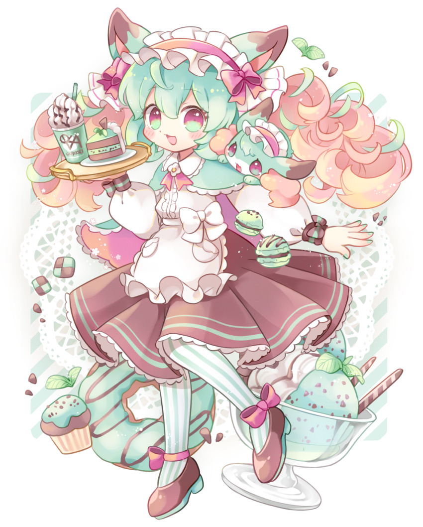 1girl :d animal_ears apron blush_stickers brown_shoes brown_skirt cake cake_slice collared_shirt commentary_request donut food frilled_apron frilled_shirt_collar frilled_skirt frills full_body green_eyes green_hair green_pantyhose hairband highres holding holding_plate ice_cream long_hair long_sleeves looking_at_viewer mint_chocolate okamori_kuo open_mouth original pantyhose plate shirt shoes simple_background skirt smile solo standing striped_clothes striped_pantyhose white_apron white_background white_shirt