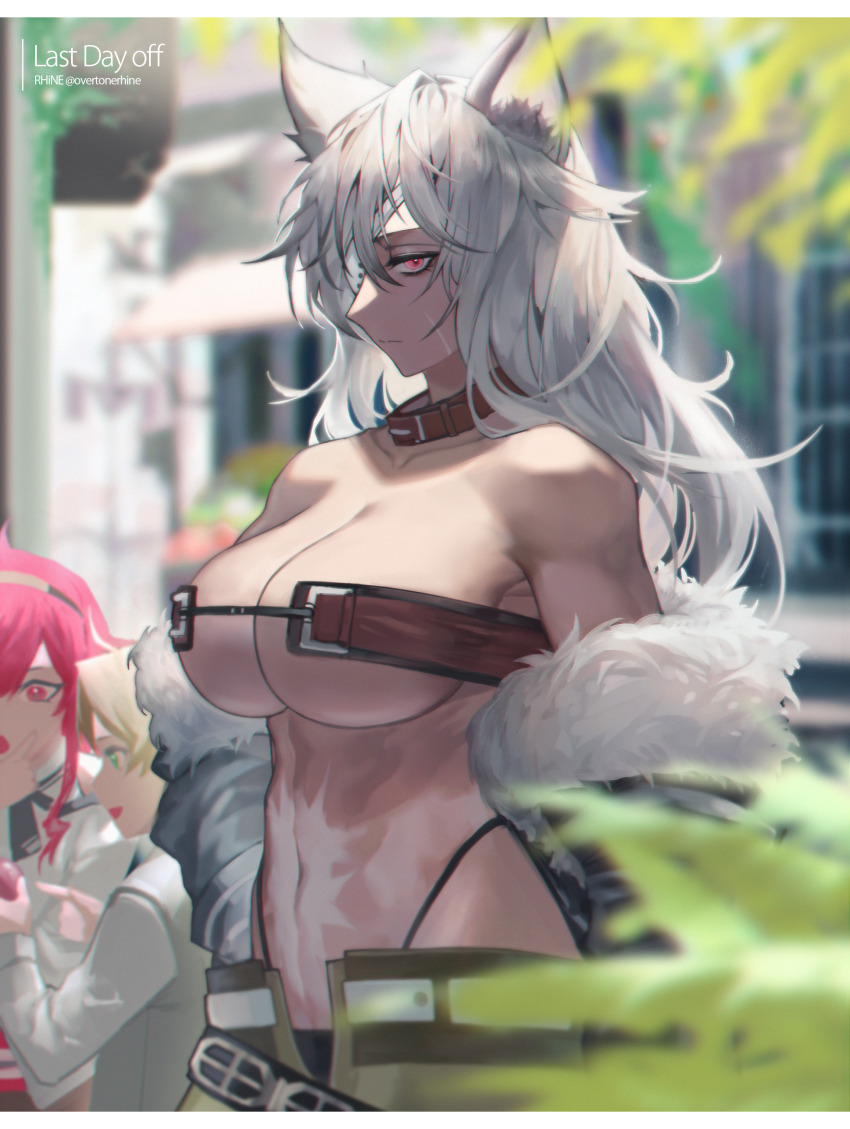 1boy 2girls :d abs absurdres ahoge animal_ear_fluff animal_ears armpit_crease artist_name bandeau bare_shoulders belt black_jacket black_panties blurry blurry_background blurry_foreground breasts cat_ears cleavage closed_mouth collar collarbone commentary cowboy_shot dark-skinned_female dark_skin day eris_greyrat eyepatch facial_scar fur-trimmed_jacket fur_trim ghislaine_dedoldia green_pants hair_between_eyes hand_on_own_hip highleg highleg_panties highres jacket large_breasts long_hair long_sleeves looking_at_viewer multiple_girls mushoku_tensei navel off_shoulder open_belt open_mouth open_pants outdoors panties pants red_collar red_eyes red_hair rhine_(overtonerhine) rudeus_greyrat scar scar_on_cheek scar_on_face scar_on_stomach shirt sidelocks silver_hair smile solo_focus standing stomach town twitter_username underboob underwear white_shirt