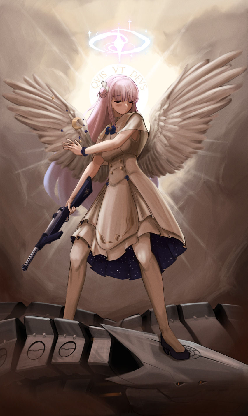 1girl absurdres angel_wings binah_(blue_archive) blue_archive blush buttons capelet closed_eyes commentary double-breasted dress english_commentary feathered_wings full_body gun hair_bun hair_ribbon halo highres holding holding_gun holding_weapon lanchester_smg latin_commentary latin_text long_hair low_wings mika_(blue_archive) mixed-language_commentary pantyhose parted_lips pink_hair pink_halo prismaticgeyser ribbon single_side_bun sleeveless sleeveless_dress solo standing starry_sky_print submachine_gun underbust weapon white_capelet white_dress white_pantyhose white_ribbon white_wings wings