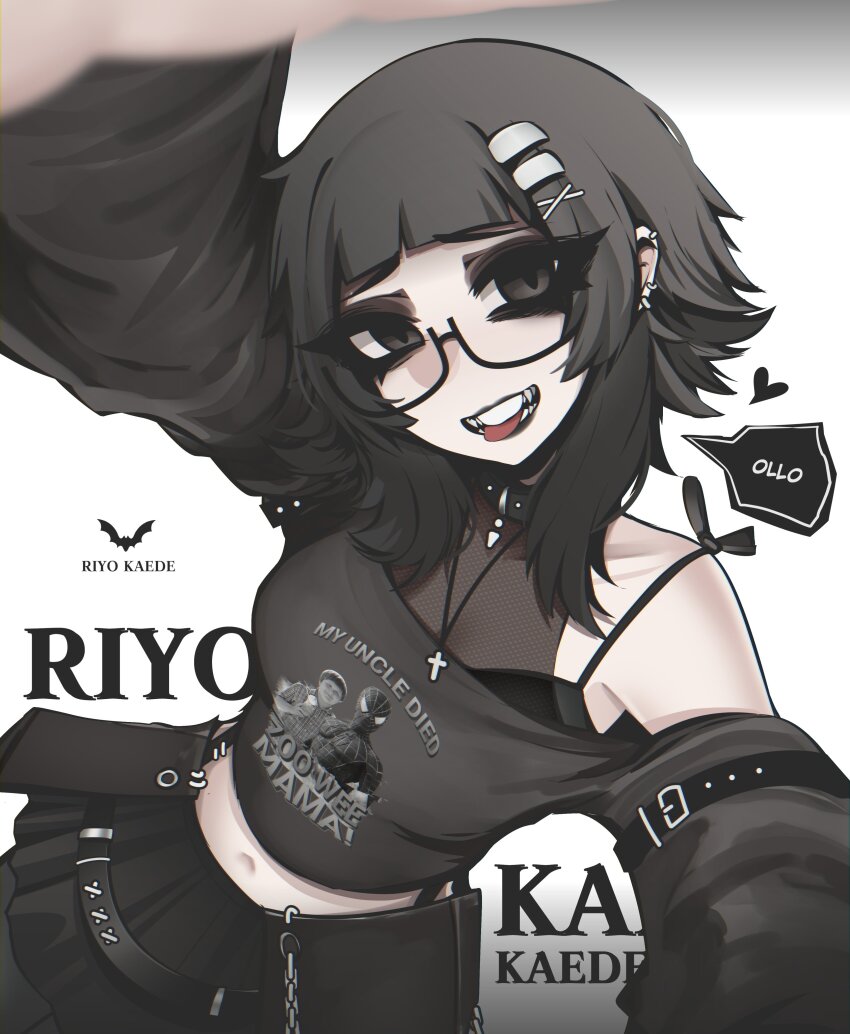 1girl absurdres arm_out_of_frame arm_up biting_own_tongue black-framed_eyewear black_bra black_choker black_eyes black_hair black_lips black_shirt black_skirt blunt_bangs blurry blurry_foreground bra breasts character_name character_print choker clothes_writing commentary cross cross_necklace ear_piercing eyelashes glasses hair_ornament hairclip heart highres jewelry long_sleeves looking_at_viewer medium_hair midriff mikuneki navel necklace original parallel_hairclips piercing riyo_kaede_(mikuneki) rowley_jefferson semi-rimless_eyewear shirt single_bare_shoulder skirt smile solo speech_bubble spider-man teeth tongue tongue_out under-rim_eyewear underwear white_background x_hair_ornament