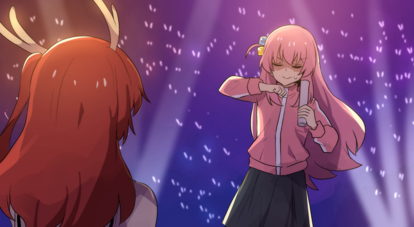 2girls :&gt; antlers black_skirt bocchi_the_rock! closed_eyes commentary cowboy_shot cube_hair_ornament dancing deer_antlers english_commentary glowstick gotoh_hitori hair_ornament highres hinghoi horns jacket kita_ikuyo long_hair long_sleeves looking_at_another meme multiple_girls parody pink_hair pink_jacket red_hair shikairo_days shikairo_days_dance_(meme) shikanoko_nokonoko_koshitantan skirt standing track_jacket v-shaped_eyebrows