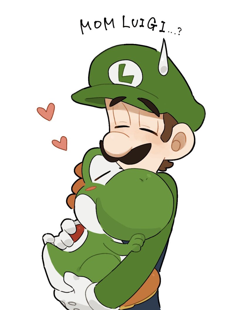 1boy 2boys blue_overalls brown_hair closed_eyes facial_hair gloves green_shirt hat heart highres luigi male_focus mario_(series) mimimi_(mimimim9999) multiple_boys mustache nintendo overalls shirt short_hair translation_request upper_body yoshi