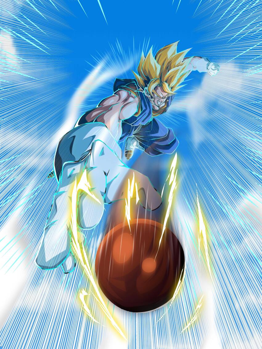 1boy absurdres angry blonde_hair blue_eyes blue_pants blue_shirt blue_sky boots candy card_(medium) charging_forward chocolate clenched_hand clenched_teeth codyaka99 commentary day dougi dragon_ball dragon_ball_z_dokkan_battle dragonball_z earrings electricity emphasis_lines english_commentary food gloves highres incoming_attack jewelry male_focus motion_blur motion_lines muscular muscular_male orange_shirt outdoors pants potara_earrings shirt sky solo speed_lines spiked_hair super_saiyan super_saiyan_1 teeth v-shaped_eyebrows vegetto white_boots white_gloves