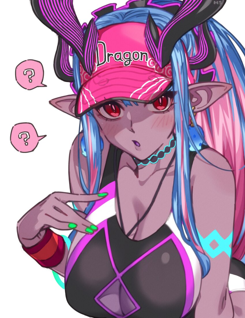 1girl ? absurdres bare_shoulders black_one-piece_swimsuit blue_hair blush body_markings breasts casual_one-piece_swimsuit cleavage collarbone colored_skin earrings fate/grand_order fate_(series) grey_skin hat highres horns ibuki_douji_(fate) ibuki_douji_(swimsuit_berserker)_(fate) ibuki_douji_(swimsuit_berserker)_(first_ascension)_(fate) jewelry large_breasts long_hair looking_at_viewer mitsurugi_sugar multicolored_hair one-piece_swimsuit oni open_mouth pink_hair pink_hat pink_one-piece_swimsuit pointy_ears ponytail red_eyes sidelocks solo swimsuit two-tone_swimsuit visor_cap wristband