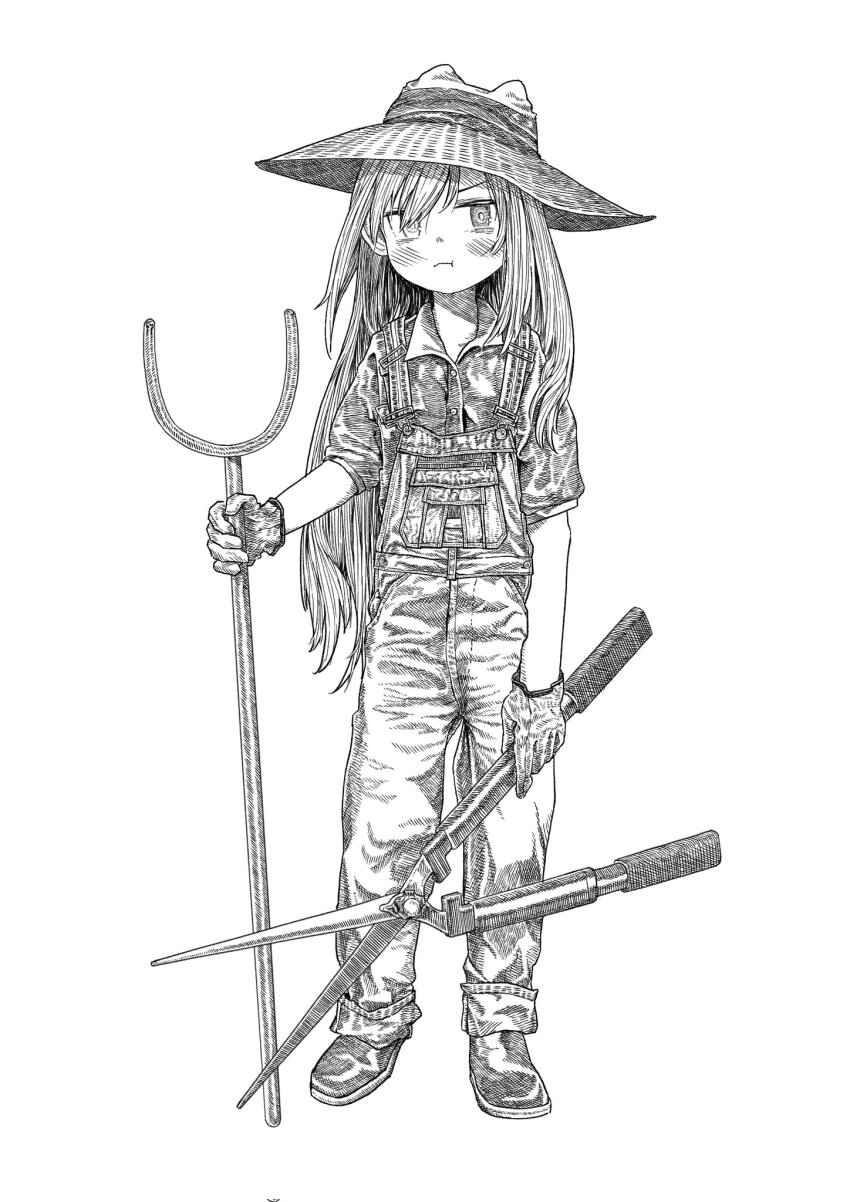 1girl :t blush boots corrupted_twitter_file farmer full_body gloves greyscale hat highres holding holding_stick kilsturgeon long_hair monochrome overalls pole shears shimeji_simulation simple_background solo stick the_gardener_(shimeji_simulation) very_long_hair white_background