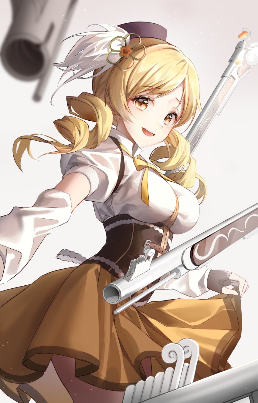 1girl :d absurdres blonde_hair blush bow breasts drill_hair foot_out_of_frame grey_background gun hair_ornament hairpin highres large_breasts looking_at_viewer magical_girl mahou_shoujo_madoka_magica mahou_shoujo_madoka_magica_(anime) nagul open_mouth pleated_skirt skirt smile solo soul_gem tomoe_mami tomoe_mami_(magical_girl) twin_drills weapon yellow_eyes