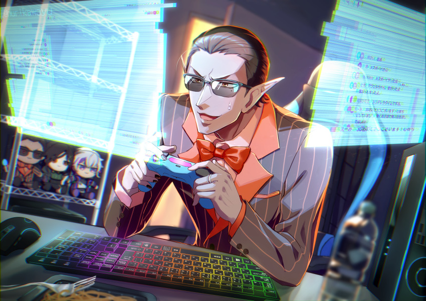 1boy asdge23 black_hair black_nails bottle bow bowtie brown_eyes character_doll computer_keyboard computer_mouse controller food fork formal_clothes fuwa_minato fuwa_minato_(1st_costume) game_controller grey-tinted_eyewear gwelu_os_gar highres holding holding_controller holding_game_controller holographic_interface jewelry mole mole_under_eye multiple_boys nijisanji noodles on_chair open_mouth plate pointy_ears ring shirayuki_tomoe shirayuki_tomoe_(1st_costume) short_hair smile striped_suit stuffed_toy suit sweat tinted_eyewear virtual_youtuber water_bottle