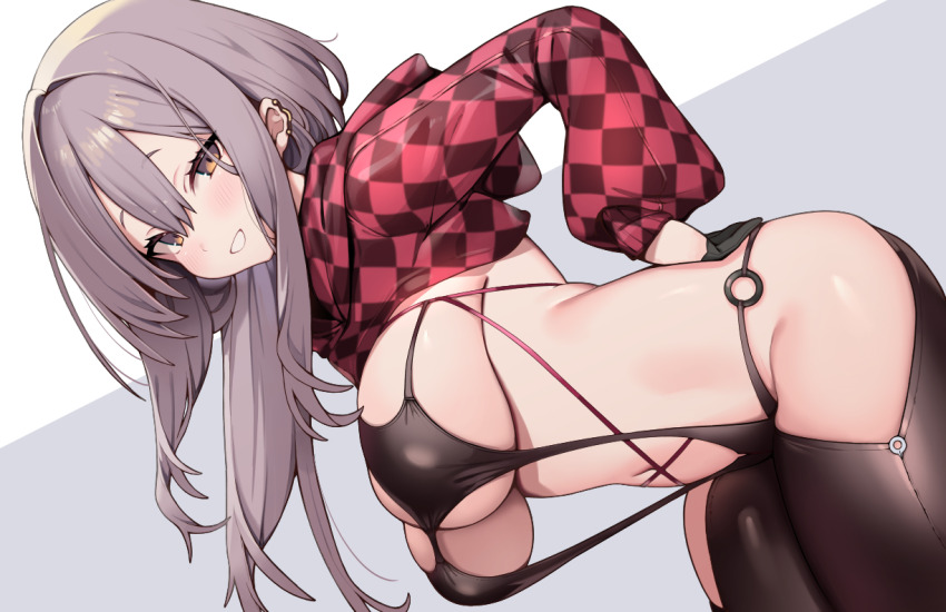1girl black_bodysuit black_gloves blush bodysuit breasts checkered_clothes checkered_shrug commentary ear_piercing gloves goddess_of_victory:_nikke hair_between_eyes hair_intakes half_gloves hand_on_own_hip hood hood_down hooded_shrug kaptivate large_breasts long_hair long_sleeves looking_at_viewer navel o-ring piercing puffy_long_sleeves puffy_sleeves red_eyes red_shrug scarlet_(nikke) scarlet_(racer&#039;s_high)_(nikke) shrug_(clothing) sideboob sleeveless sleeveless_bodysuit smile solo