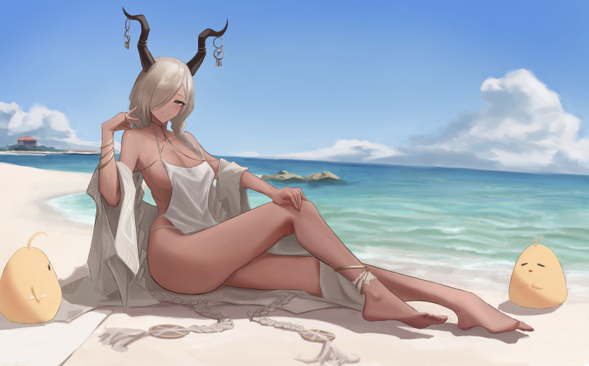 absurdly_long_hair absurdres azur_lane beach blonde_hair blue_sky braid breasts brown_horns dark-skinned_female dark_skin day full_body grey_eyes hair_over_one_eye hand_on_own_knee highres horn_ornament horns jewelry kong_zhizen large_breasts large_horns long_hair looking_at_viewer manjuu_(azur_lane) ocean official_alternate_costume one-piece_swimsuit one_eye_covered outdoors owari_(azur_lane) owari_(shimmering_forsythia)_(azur_lane) sand side_braid sitting sky smile swimsuit thighlet twin_braids very_long_hair water white_one-piece_swimsuit