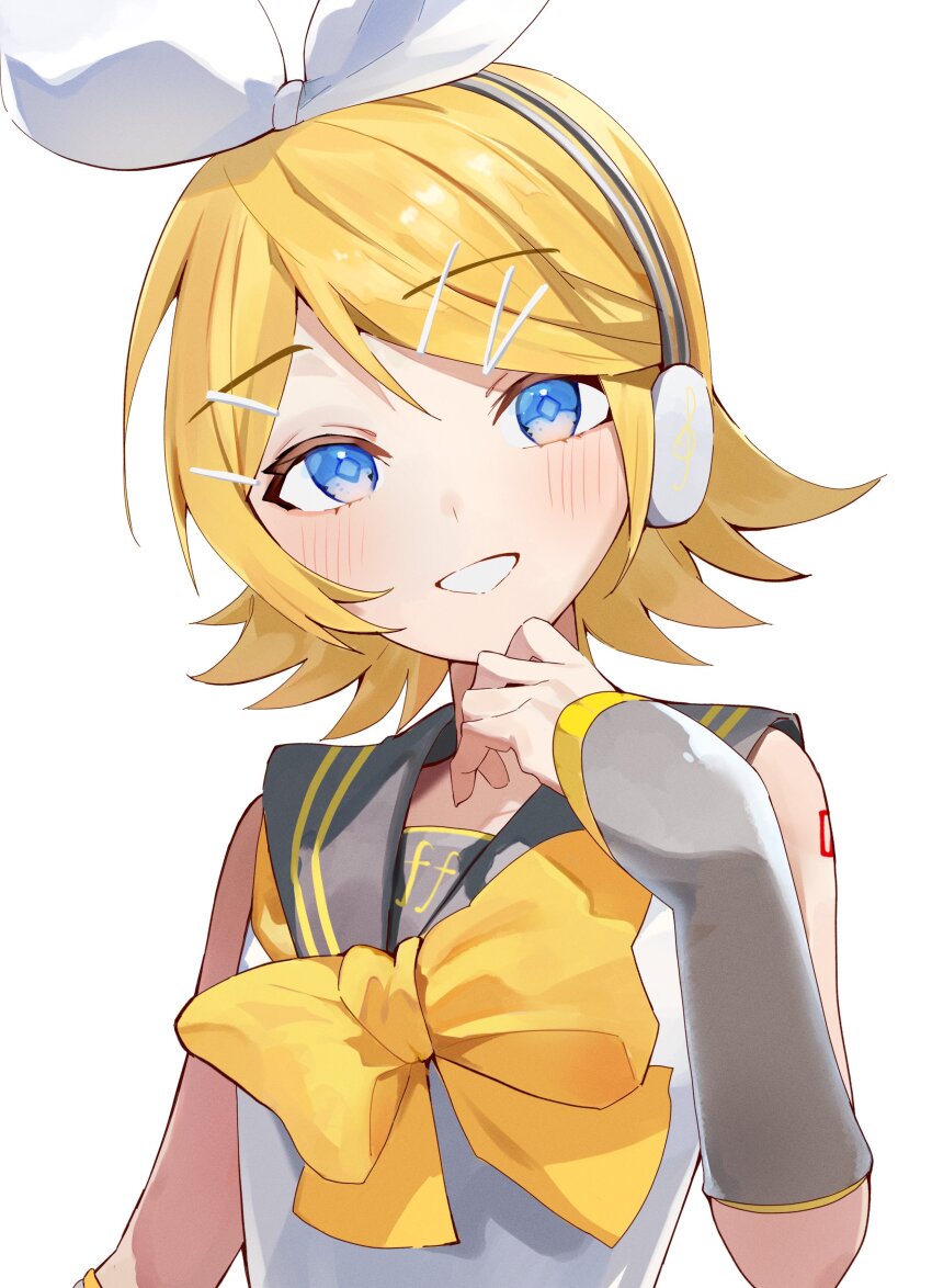 1girl absurdres bare_shoulders blonde_hair blue_eyes blush bow bowtie detached_sleeves diamond-shaped_pupils diamond_(shape) grin hair_bow hair_ornament hairclip hand_up head_tilt headphones highres inubangarou kagamine_rin looking_at_viewer medium_hair neckerchief sailor_collar shirt simple_background smile solo spiked_hair swept_bangs symbol-shaped_pupils upper_body vocaloid white_background white_shirt yellow_neckerchief yellow_trim
