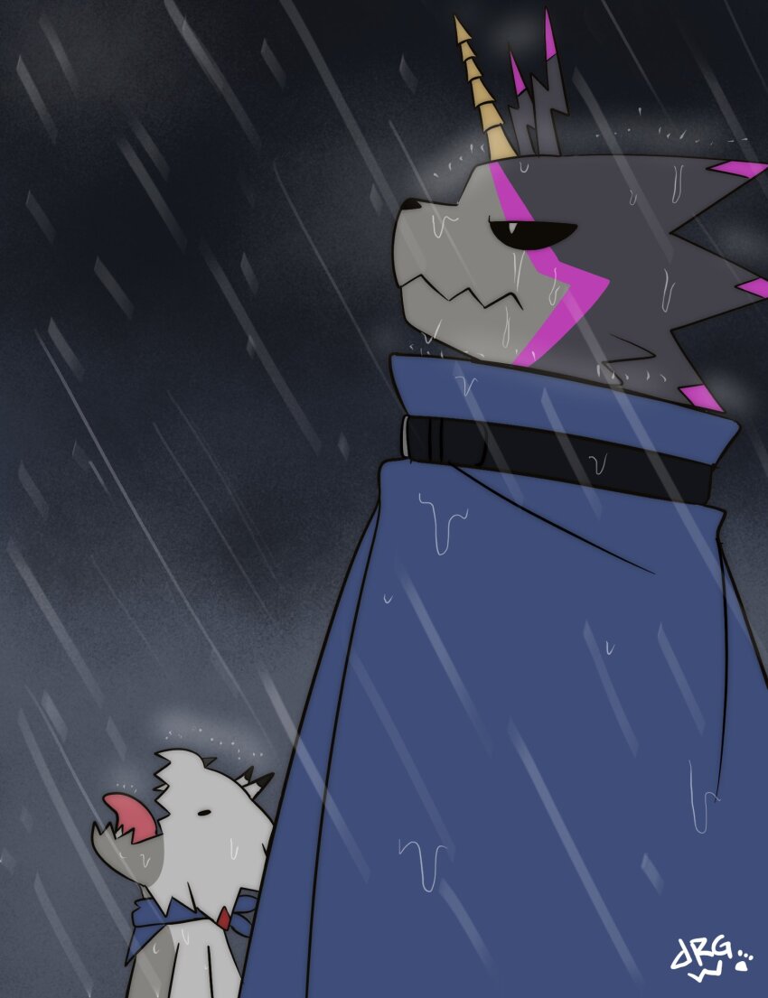cape digimon digimon_(creature) digimon_ghost_game gammamon gulusgammamon highres horns meme rain serious tongue tongue_out