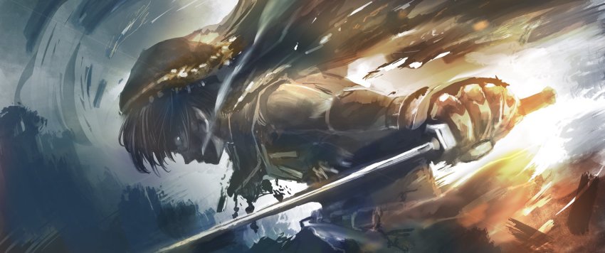 1other cowboy_shot fire from_side gauntlets glowing glowing_eyes highres holding holding_sword holding_weapon leaning_forward muted_color original sketch solo soraizumi sword weapon white_eyes wind