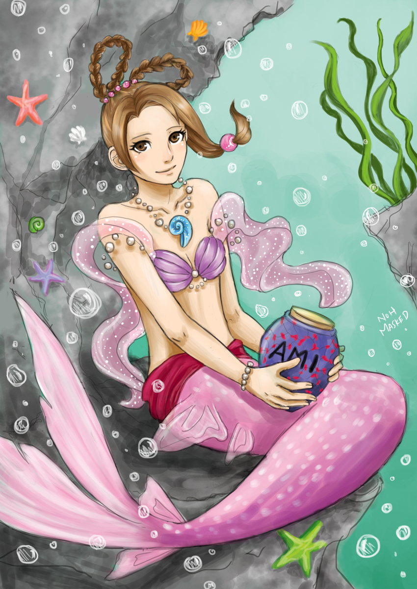 1girl absurdres ace_attorney brown_eyes brown_hair bubble day full_body hair_rings highres holding holding_jar jar jewelry looking_at_viewer mermaid monster_girl necklace noh_masked outdoors pearl_fey phoenix_wright:_ace_attorney_-_justice_for_all shell shell_bikini solo starfish underwater