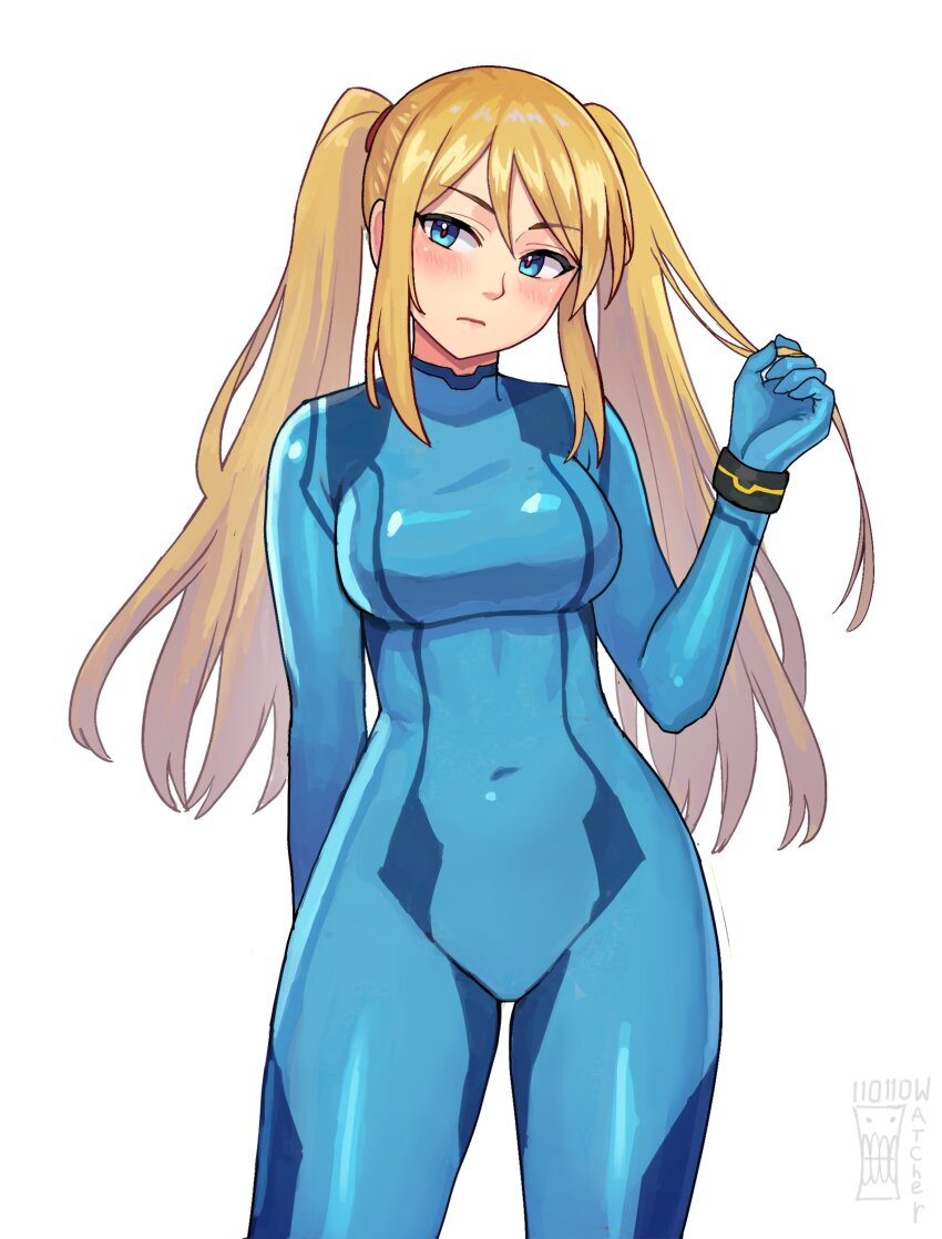 1girl absurdres alternate_hairstyle arm_up blonde_hair blue_bodysuit blue_eyes blush bodysuit breasts closed_mouth commentary covered_navel english_commentary highres large_breasts long_hair metroid nintendo samus_aran sidelocks simple_background solo standing twintails watcher_hollow watermark white_background zero_suit
