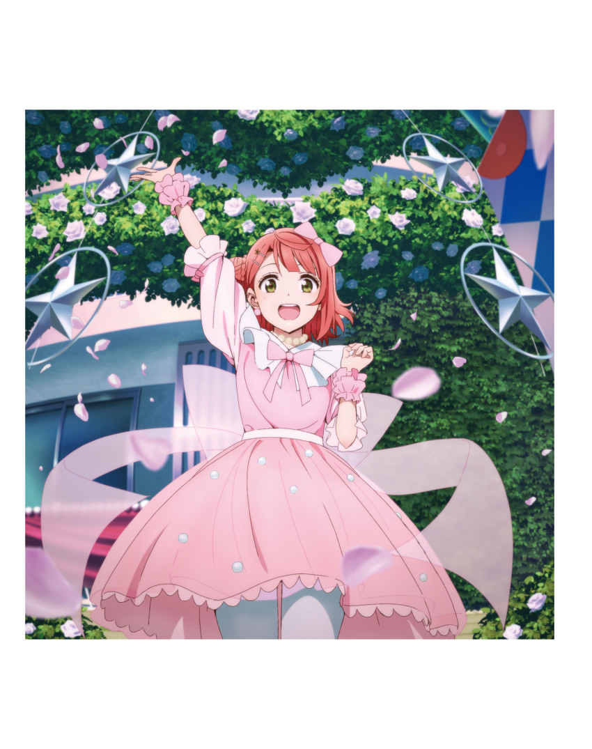 1girl arm_up artbook blunt_bangs bow braid braided_bun dream_with_you_(love_live!) dress flower hair_bun hair_ornament hairpin highres looking_at_viewer love_live! love_live!_nijigasaki_high_school_idol_club medium_hair non-web_source official_art open_mouth pantyhose pink_bow pink_dress pink_flower pink_hair scrunchie smile solo uehara_ayumu wrist_cuffs wrist_scrunchie yellow_eyes