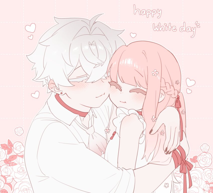 1boy 1girl amika_(kai_(drakkai10)) black_nails closed_eyes collar collared_shirt english_text happy_white_day hasto_(kai_(drakkai10)) heart highres hug kai_(drakkai10) long_hair original pink_hair red_collar shirt short_hair sleeveless sleeveless_shirt white_day white_hair white_shirt