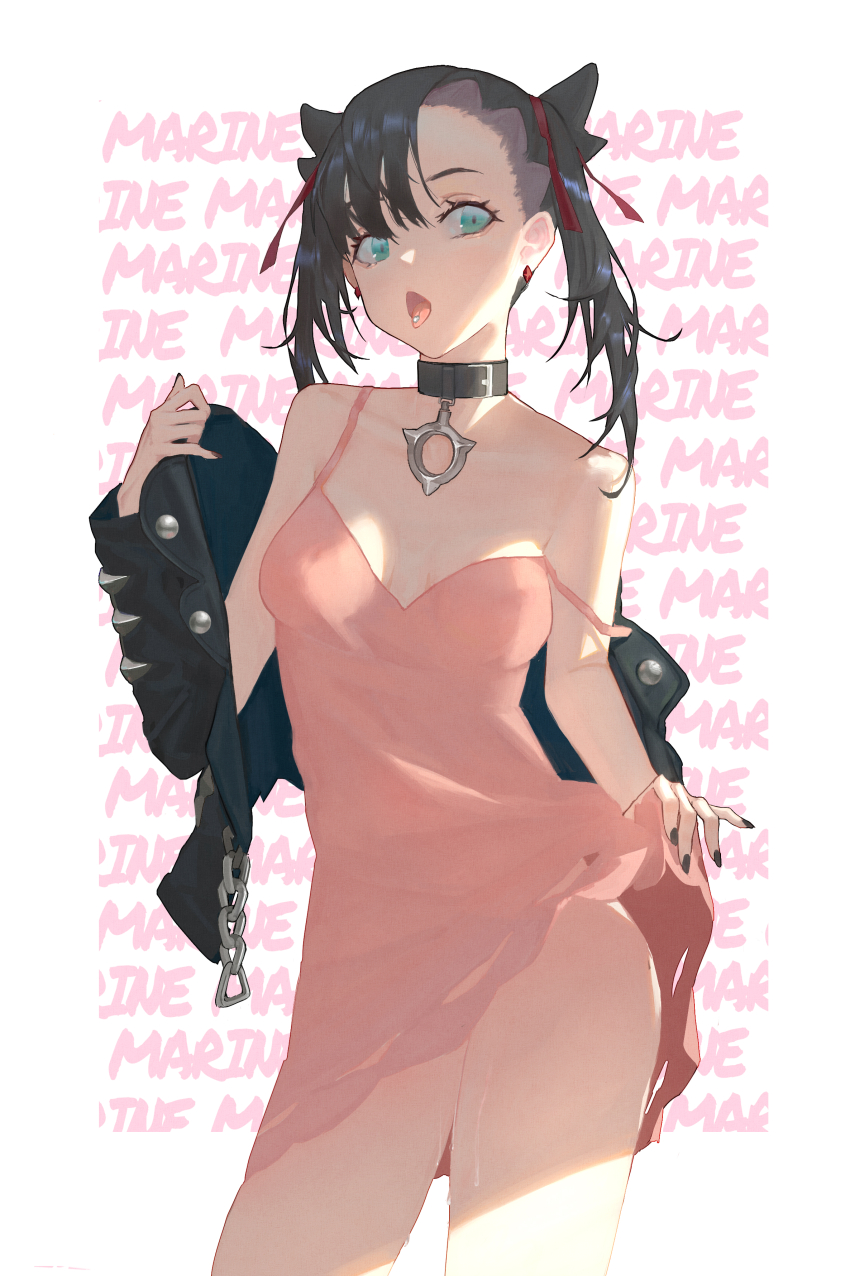 1girl absurdres aroused asymmetrical_bangs black_collar black_hair black_jacket black_nails blue_eyes breasts character_name chinese_commentary cleavage clothes_down clothes_lift collar collarbone cowboy_shot dress dress_lift hair_between_eyes hair_ribbon highres in_heat jacket lifting_own_clothes long_hair looking_at_viewer marnie_(pokemon) nail_polish nintendo off_shoulder oka_ball open_mouth piercing pink_dress pokemon pokemon_swsh pussy_juice red_ribbon ribbon short_dress sleeveless sleeveless_dress small_breasts solo standing tongue tongue_out tongue_piercing twintails typo white_background
