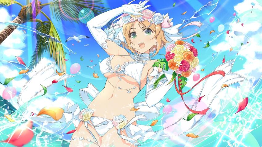 1girl ahoge animal arm_up balloon bird bird_wings blue_flower blue_rose blue_sky blush bouquet bow bra breasts bridal_lingerie bride cleavage cloud day dress elbow_gloves falling_petals flower gloves green_eyes groin hair_bow hair_flower hair_ornament hairclip hanabi_(senran_kagura) hand_up heart holding holding_bouquet horizon jewelry lace large_breasts leaf lens_flare linea_alba lingerie looking_at_viewer multicolored_flower multicolored_rose navel necklace ocean official_alternate_costume official_art open_mouth orange_flower orange_hair orange_rose outdoors palm_leaf palm_tree panties pearl_necklace petals pink_bow pink_flower pink_rose plant red_flower red_rose ribbon rose seagull senran_kagura senran_kagura_estival_versus senran_kagura_new_link short_hair sky smile solo splashing stomach teeth thigh_strap thighlet tongue tree underboob underwear water water_drop waves wedding_dress wet white_bow white_bra white_flower white_gloves white_panties white_ribbon white_rose white_wings wings yaegashi_nan yellow_flower yellow_rose