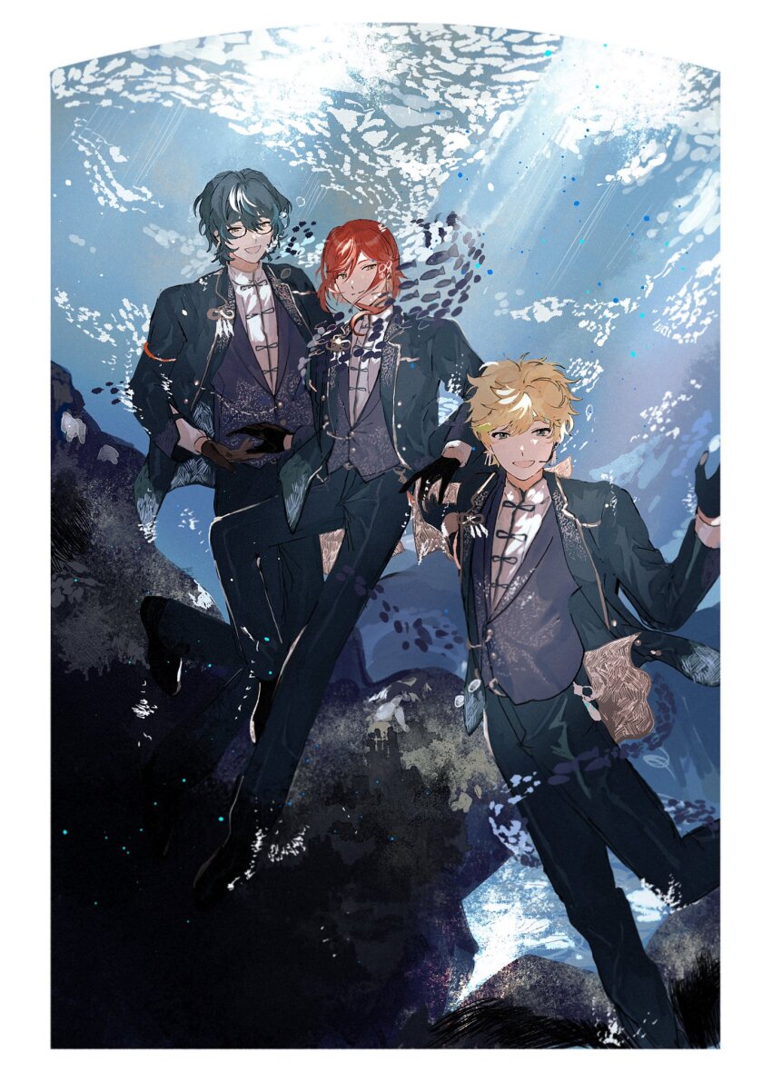 22kolink 3boys aoba_tsugumi black_pants blonde_hair blue_hair border bow bowtie collared_shirt ensemble_stars! fingerless_gloves full_body glasses gloves grey_vest hair_between_eyes harukawa_sora highres jacket light_rays long_sleeves male_focus multiple_boys open_clothes open_jacket pants red_hair sakasaki_natsume shirt short_hair smile switch_(ensemble_stars!) underwater vest