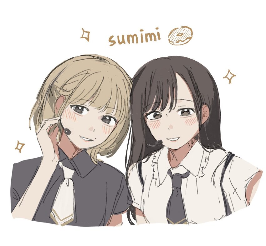 2girls bang_dream! bang_dream!_it&#039;s_mygo!!!!! black_eyes black_hair black_necktie black_shirt blonde_hair color_connection commentary donut food group_name hashtag-only_commentary highres jenjen long_hair microphone misumi_uika mole mole_above_mouth multiple_girls neckerchief necktie open_mouth shirt short_hair simple_background sumimi_(bang_dream!) sumita_mana white_background white_neckerchief white_shirt