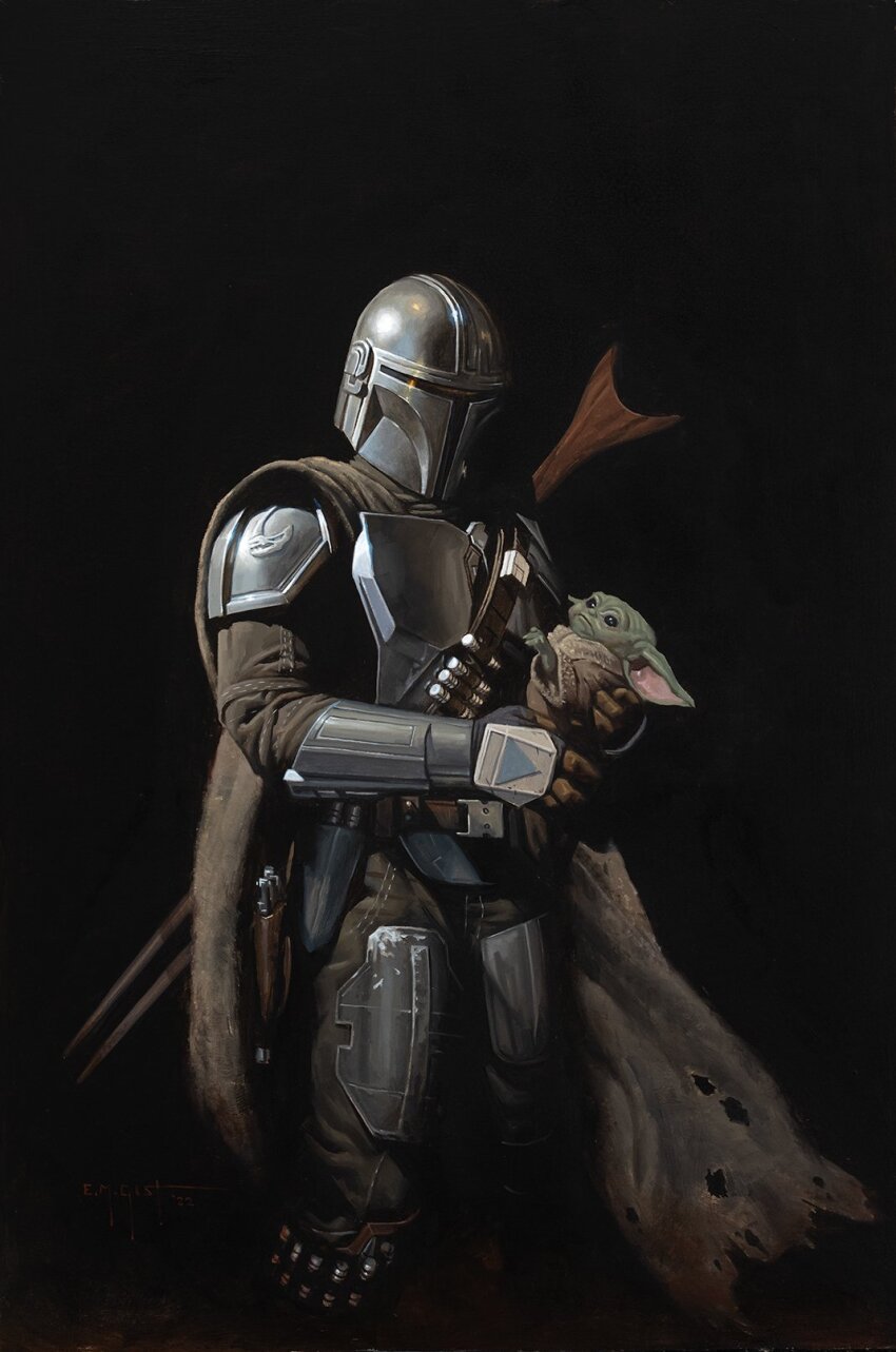 2boys alien brown_cape cape colored_skin din_djarin erik_gist green_skin grogu highres mandalorian mandalorian_armor mandalorian_helmet multiple_boys pointy_ears star_wars the_mandalorian torn_cape torn_clothes