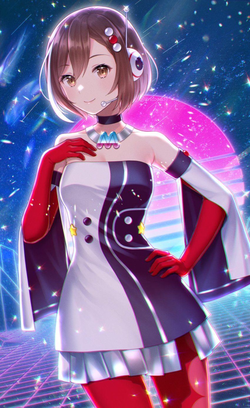 1girl bare_shoulders brown_eyes brown_hair choker detached_sleeves hand_on_own_hip headgear headset highres kirita_asami magical_mirai_(vocaloid) magical_mirai_meiko magical_mirai_meiko_(2022) meiko_(vocaloid) pantyhose red_pantyhose short_hair sleeveless smile solo vocaloid