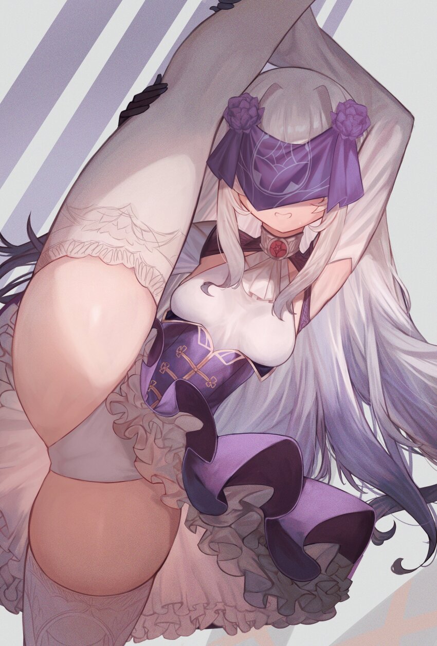 1girl absurdres armpits arms_up black_gloves blue_dress breasts dress fate/grand_order fate_(series) gloves grin highres long_hair long_sleeves m0_chi melusine_(fate) melusine_(second_ascension)_(fate) panties sidelocks small_breasts smile solo split standing standing_on_one_leg standing_split thighhighs thighs underwear veil white_hair white_panties white_thighhighs