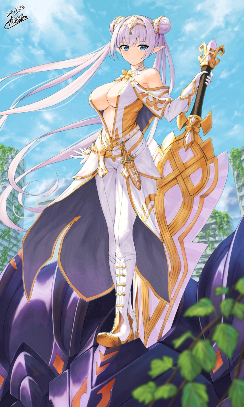 1girl arm_guards armor bare_shoulders black_armor blue_eyes blue_sky blush boots breasts britomart_(fate) britomart_(first_ascension)_(fate) britomart_(second_ascension)_(fate) capelet center_opening cleavage double_bun dress elbow_gloves fate/grand_order fate_(series) full_body gloves gold_trim greatsword grey_hair hair_bun hairband highres kamo_ashi knee_boots large_breasts long_hair looking_at_viewer pants pointy_ears sky sword taut_clothes taut_dress tight_clothes tight_pants twintails very_long_hair weapon white_capelet white_dress white_footwear white_gloves white_pants