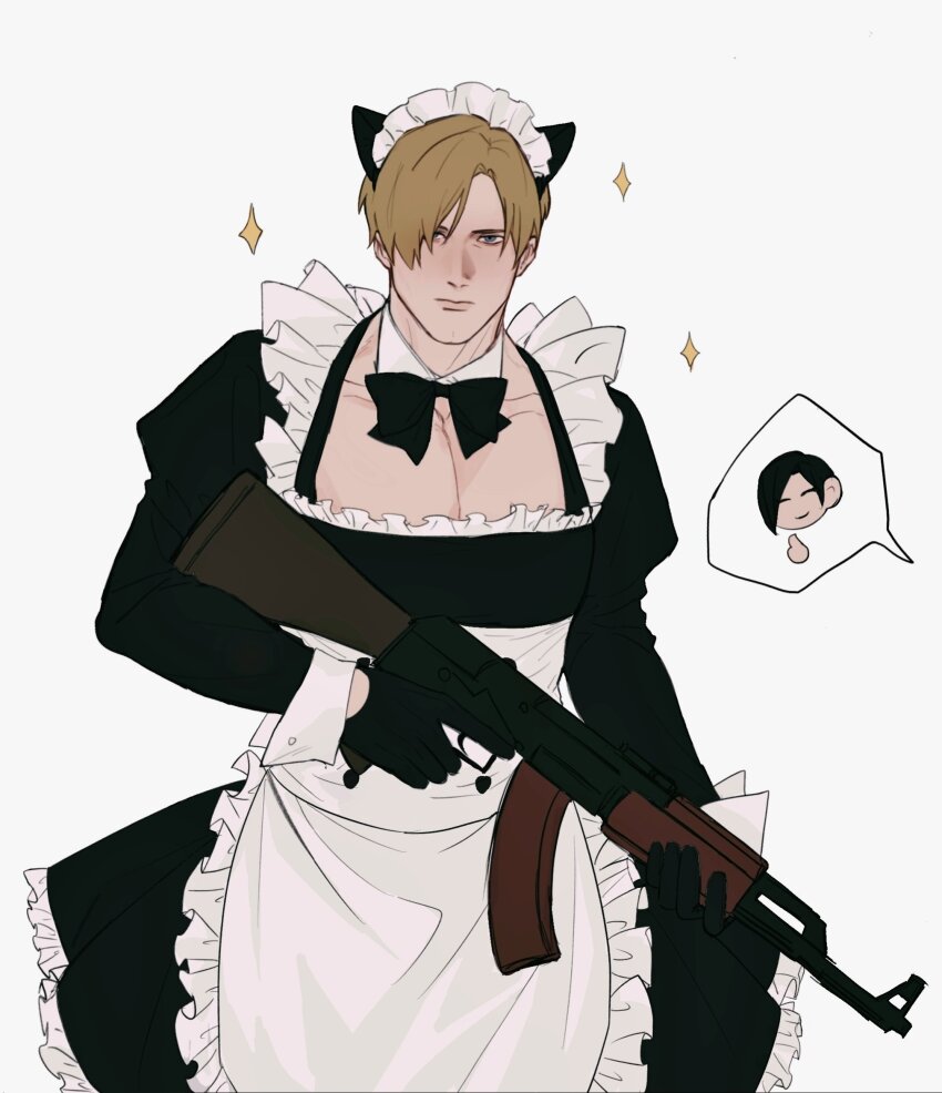 1boy 1girl aaamber_22 ada_wong alternate_costume animal_ears apron black_bow black_bowtie black_dress black_gloves black_hair blonde_hair bow bowtie cat_ears chibi chibi_inset cowboy_shot crossdressing detached_collar dress gloves gun hair_between_eyes highres holding holding_gun holding_weapon juliet_sleeves leon_s._kennedy long_sleeves maid maid_apron maid_headdress parted_bangs puffy_sleeves resident_evil short_hair sparkle thumbs_up weapon white_background