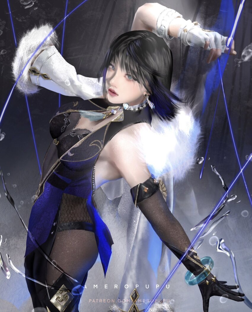 1girl ameropupu arm_up armpits artist_name asymmetrical_gloves backless_bodysuit bare_shoulders bead_choker beads black_choker black_gloves black_hair blue_eyes blue_hair bob_cut bodystocking bracelet breasts choker commentary cowboy_shot diagonal_bangs dice dice_necklace earrings elbow_gloves english_commentary eyeshadow feather-trimmed_jacket feather_collar fingerless_gloves from_side fur-trimmed_jacket fur_trim genshin_impact gloves grey_background halterneck highres hydrokinesis jacket jacket_on_shoulders jewelry large_breasts looking_at_viewer makeup mole mole_on_breast multicolored_hair neck_tassel necklace parted_lips patreon_username red_eyeshadow short_hair single_elbow_glove single_fingerless_glove solo stud_earrings tassel_choker two-tone_hair uneven_gloves water white_gloves yelan_(genshin_impact)