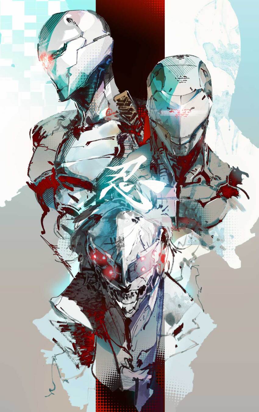 1girl 2boys armor coat commentary_request cropped_torso cyborg cyborg_ninja gray_fox helmet highres ikuyoan mask metal_gear_(series) metal_gear_solid metal_gear_solid_2:_sons_of_liberty metal_gear_solid_4:_guns_of_the_patriots mr._x_(metal_gear) multiple_boys one-eyed power_armor raiden_(metal_gear) sketch upper_body